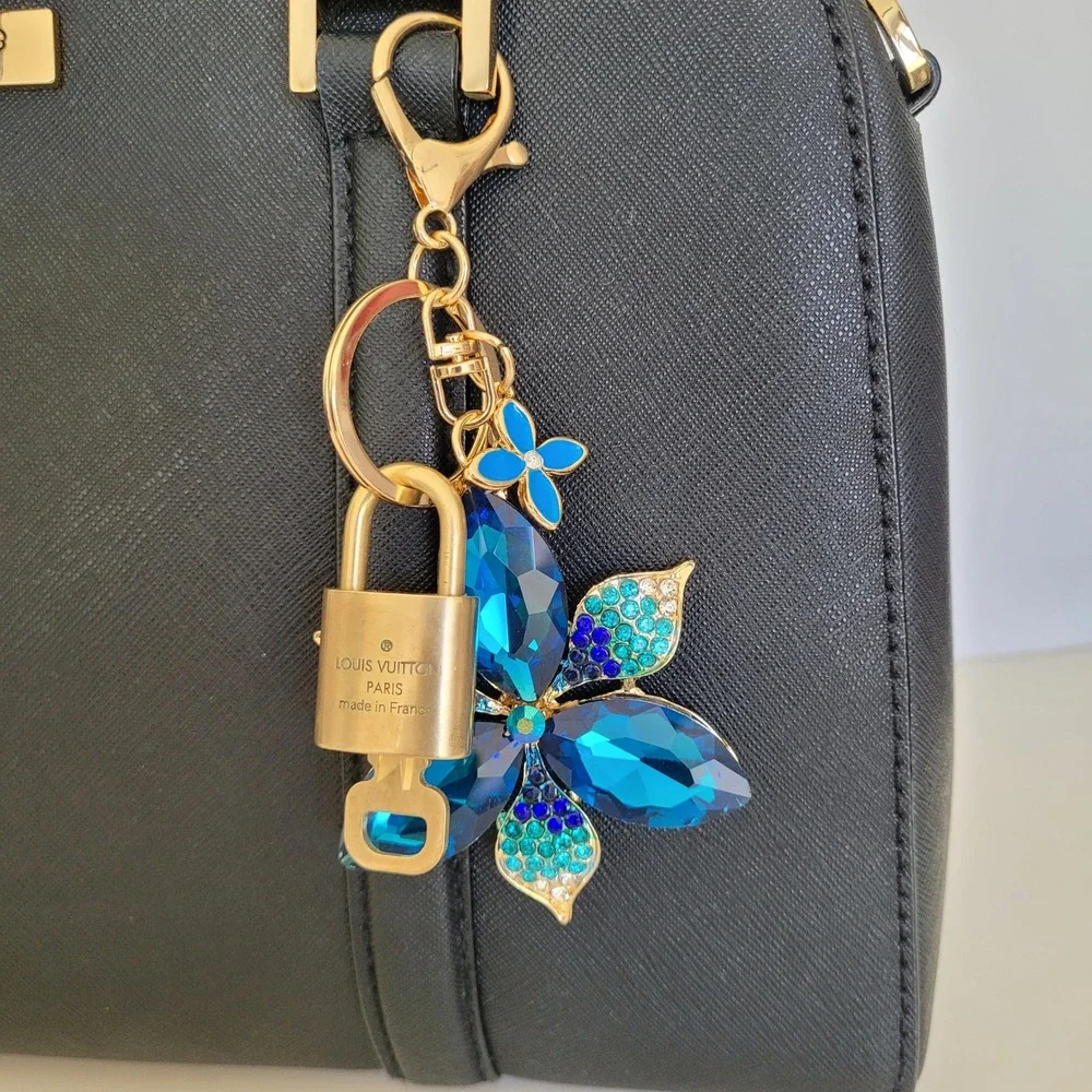 Louis Vuitton Padlock Key Blue Crystal Flower Bag Charm Keychain Gold Tone Gift